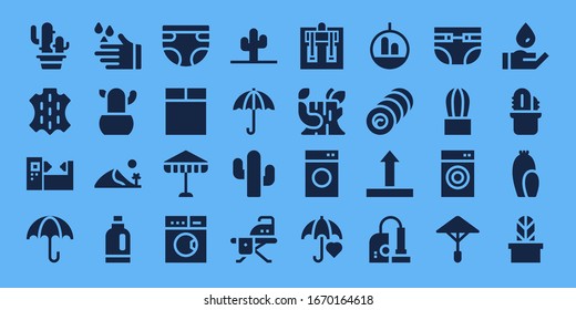 dry icon set. 32 filled dry icons. Included Cactus, Skin, Machine, Umbrella, Wash, Dune, Detergent, Diaper, Washing machine, Laundry, Ironing board, Log, Bale, Side up, Vacuum icons