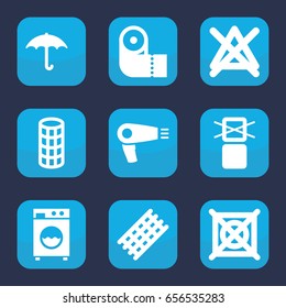 Dry icon. set of 9 filled dry icons such as hair dryer, hair curler, paper towel, no bleaching, cargo only in box allowed