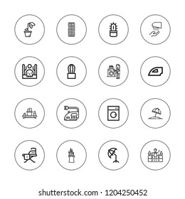 Dry icon set. collection of 16 outline dry icons with beach towel, cactus, cold water, drought, hand dryer, laundry, iron, ironing board, umbrella, washing machine icons.