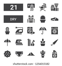 dry icon set. Collection of 21 filled dry icons included Washing machine, Cactus, Dune, Diaper, Tumbleweed, Umbrella, Iron, Laundry, Dunes, Machine, Hand dryer