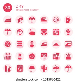 dry icon set. Collection of 30 filled dry icons included Iron, Umbrella, Tumbleweed, Machine, Wash, Diaper, Laundry, Washing, Cactus, Ironing, Dune, Hand dryer, Log, Washing machine