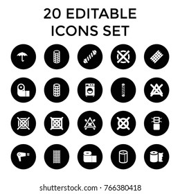 Dry icons. set of 20 editable filled dry icons such as hair curler, paper towel, no bleaching, no dry cleaning, cargo only in box allowed