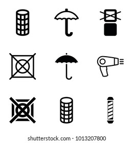 Dry icons. set of 9 editable filled and outline dry icons such as hair curler, cargo only in box allowed