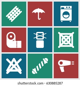 Dry icons set. set of 9 dry filled icons such as hair dryer, hair curler, paper towel, no bleaching, cargo only in box allowed