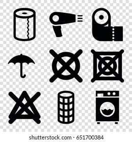 Dry icons set. set of 9 dry filled icons such as hair dryer, hair curler, paper towel, no bleaching