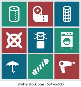 Dry icons set. set of 9 dry filled icons such as hair dryer, hair curler, paper towel, cargo only in box allowed
