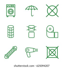 Dry icons set. set of 9 dry outline icons such as hair dryer, hair curler, paper towel, cargo only in box allowed