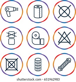 Dry icons set. set of 9 dry outline icons such as hair dryer, hair curler, paper towel, no bleaching, no dry cleaning