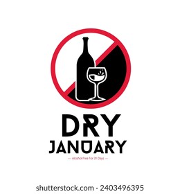 Dry January – 31 days of sobriety. Stop alcohol drinking this month. Dry January is a public health initiative that involves abstaining from alcohol for the month of January. Vector illustration.