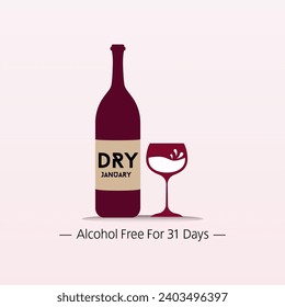 Dry January – 31 days of sobriety. Stop alcohol drinking this month. Dry January is a public health initiative that involves abstaining from alcohol for the month of January. Vector illustration.