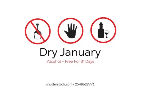 Dry January. Alcohol-free challenge for one month. Vector template for banner, greeting card, poster , T shirt  with background.