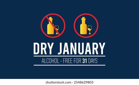 Dry January. Alcohol-free challenge for one month. Vector template for banner, greeting card, poster , T shirt  with background.