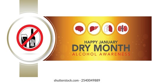 Dry January banner with overturned wine glasses border and text in frame. Alcohol free month challenge graphic concept. Vector illustration on red background.