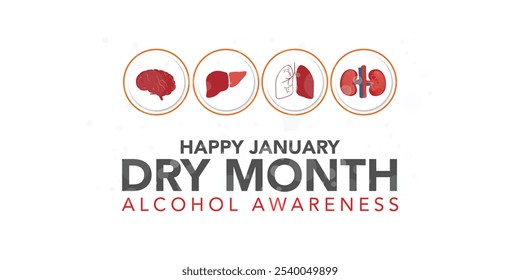 Dry January banner with overturned wine glasses border and text in frame. Alcohol free month challenge graphic concept. Vector illustration on red background.