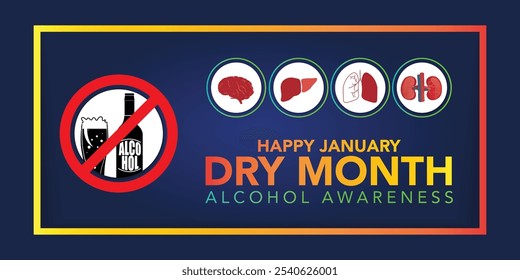 Dry January banner with overturned wine glasses border and text in frame. Alcohol free month challenge graphic concept. Vector illustration on red background.