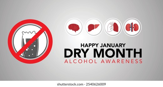 Dry January banner with overturned wine glasses border and text in frame. Alcohol free month challenge graphic concept. Vector illustration on red background.