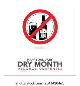 Dry January banner with overturned wine glasses border and text in frame. Alcohol free month challenge graphic concept. Vector illustration on red background.