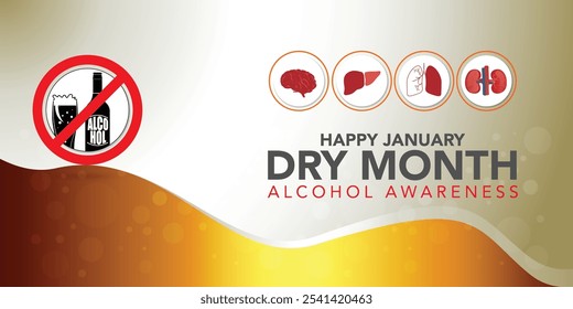 Dry January banner with overturned wine glasses border and text in frame. Alcohol free month challenge graphic concept. Vector illustration on red background.