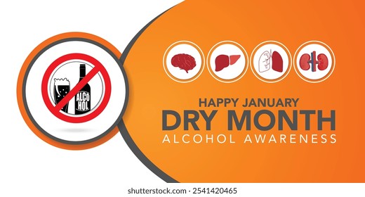 Dry January banner with overturned wine glasses border and text in frame. Alcohol free month challenge graphic concept. Vector illustration on red background.