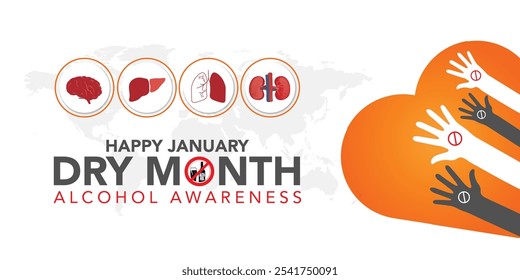 Dry January banner with overturned wine glasses border and text in frame. Alcohol free month challenge graphic concept. Vector illustration on red background.