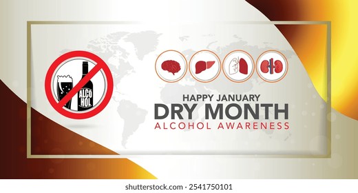 Dry January banner with overturned wine glasses border and text in frame. Alcohol free month challenge graphic concept. Vector illustration on red background.