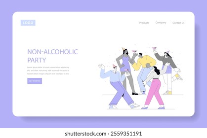 Dry January celebration concept. Joyful people dancing at a non-alcoholic party, embracing a healthier lifestyle. Fun social gathering without alcohol. Vector illustration.