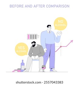 Dry January concept. Illustration of a man's transformation from consuming alcohol to abstinence, depicting improved well-being. Health benefits of quitting drinking. Vector illustration.