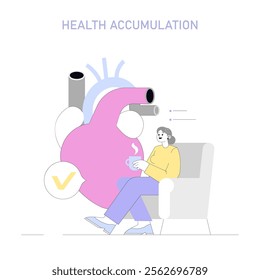 Dry January concept. Illustration of a person abstaining from alcohol, symbolized by a large pink heart with a padlock. Rest, wellness, and self-care focus. Vector illustration.