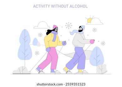 Dry January concept. Illustration of two people enjoying a walk in the snow, embracing a sober lifestyle. Healthy living, winter activity, alcohol-free fun. Vector illustration.