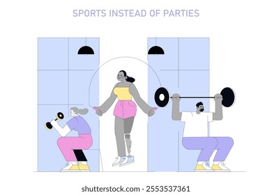 Dry January concept. Individuals choosing fitness activities over alcoholic festivities. Healthy lifestyle commitment. Vector illustration.