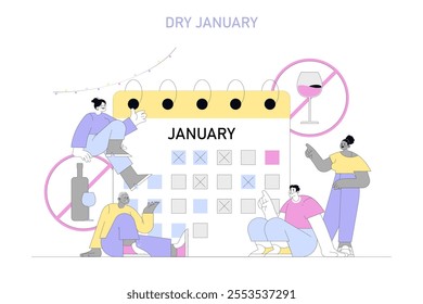 Dry January concept. Individuals mark a calendar, committing to abstain from alcohol. Sobriety challenge, health-conscious lifestyle. Vector illustration.