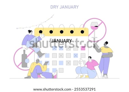 Dry January concept. Individuals mark a calendar, committing to abstain from alcohol. Sobriety challenge, health-conscious lifestyle. Vector illustration.