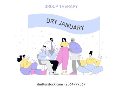 Dry January concept. Individuals at a support group meeting, committed to sobriety in the new year. Mutual encouragement, lifestyle change. Vector illustration.