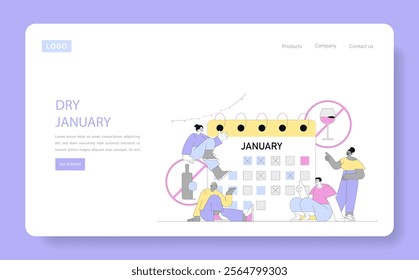 Dry January concept. Individuals track alcohol abstinence with a calendar, promoting a healthy start to the new year. Vector illustration.