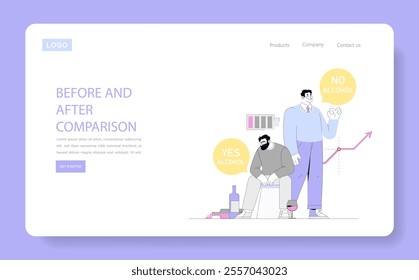 Dry January concept. Man's lifestyle transformation from alcohol consumption to abstention. Health benefits, positive change, progress chart. Vector illustration.