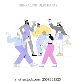 Dry January concept. People celebrating at a party with non-alcoholic drinks, promoting a healthy lifestyle. Social gathering, sobriety, and joy without alcohol. Vector illustration.