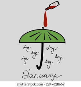 Dry January concept - script cursive typography under the green umbrella and rain of wine. Celebrated during January to abstain from alcohol. Template for ornament.