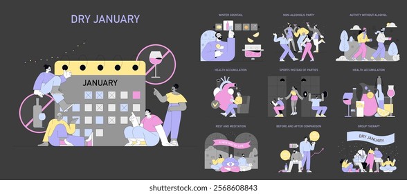 Dry January concept set. Adopting a healthier lifestyle by eliminating alcohol. Wellness activities, alternatives to drinking, and personal growth. Vector illustration.