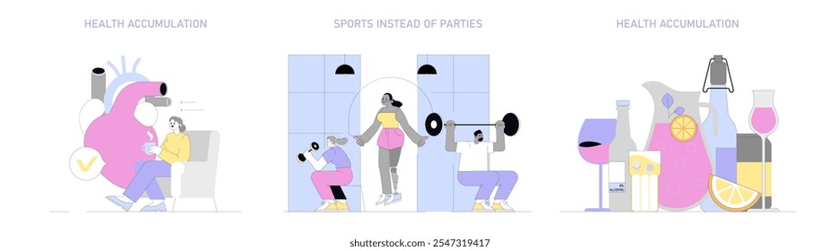 Dry January concept set. Embracing health through sobriety and exercise. Prioritizing wellness with non-alcoholic options and sports over parties. Vector illustration.