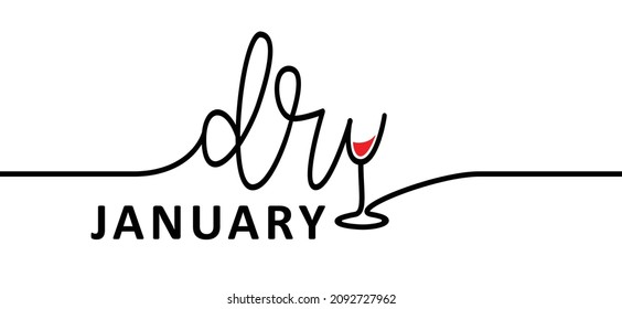 Dry january. No alcohol during in January. Slogan dry January. Alcohol free month. Stop drinking or alcohols. Vector wine glass icon. Line pattern.