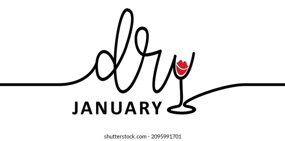 Dry january. No alcohol during in January. Slogan dry January. Alcohol free month. Stop drinking or alcohols. Vector wine glass icon. Line pattern.