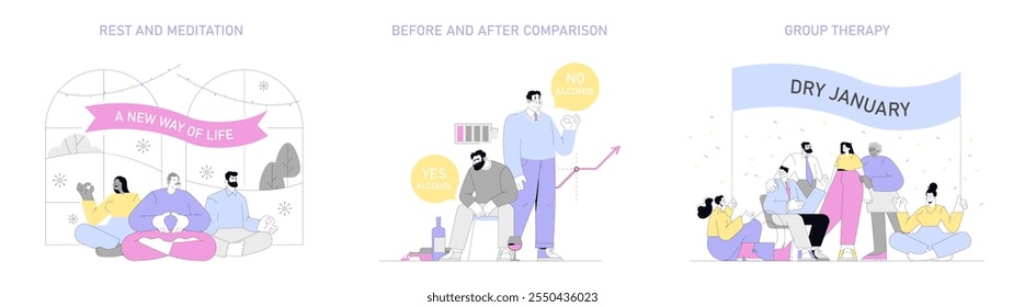 Dry January set. Sobriety challenge and alcohol-free lifestyle promotion with meditation, comparison, and support group illustration. Vector illustration.