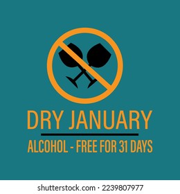Dry January that is an annual alcohol free month after the new year holiday. Stop drinking alcohols Vector wine bottle and glass.