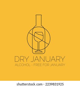 Dry January that is an annual alcohol free month after the new year holiday. Stop drinking alcohols Vector wine bottle and glass.
