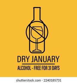 Dry january, that is an annual alcohol free month after the new year holiday. No alcohol during this day. Vector wine bottle and glass. Bottle opener.