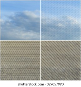 Dry land and blue sky with clouds. Collection of abstract multicolored backgrounds. Natural geometrical patterns. Triangular and hexagonal style vector illustration.