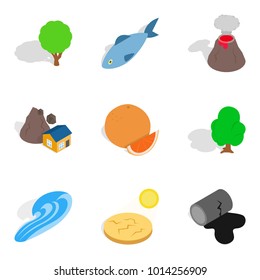 Dry land icons set. Isometric set of 9 dry land vector icons for web isolated on white background