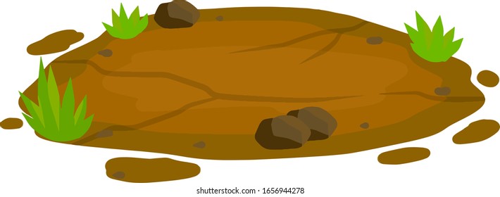 Dry land steppes and deserts. Platform to the ground. element of game and background. Dirt and dust. Brown floor. Cartoon illustration. Green grass and stone.