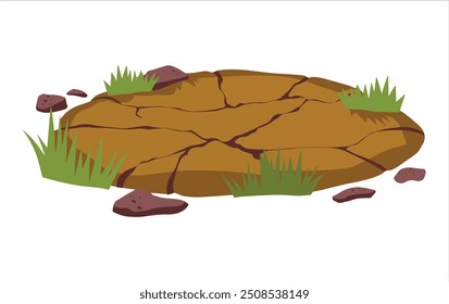 Estepes e desertos de terra seca. Plataforma no chão. elemento do jogo e fundo. Sujeira e pó. Chão castanho. Ilustração de desenho animado. Grama verde e pedra