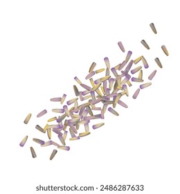 Dry lavender flowers vector icon, scattered lavandula perfume buds, petals, fragrance lilac blossoms, violet spice seeds, small dried purple flowers on white background isolated